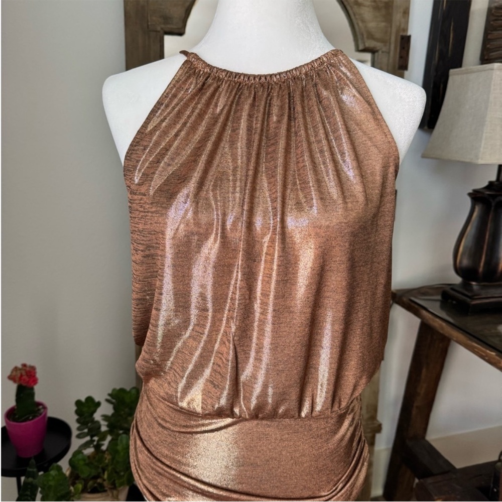 White House Black Market Gold metallic halter top with ruched details